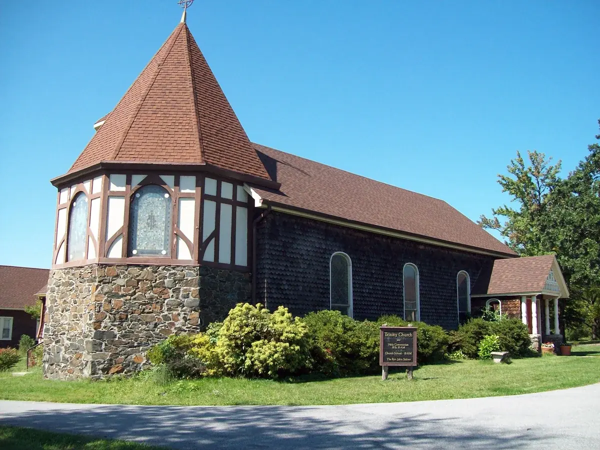 Stone walls and timbered tower at Trinity Church in Elkridge, Maryland
