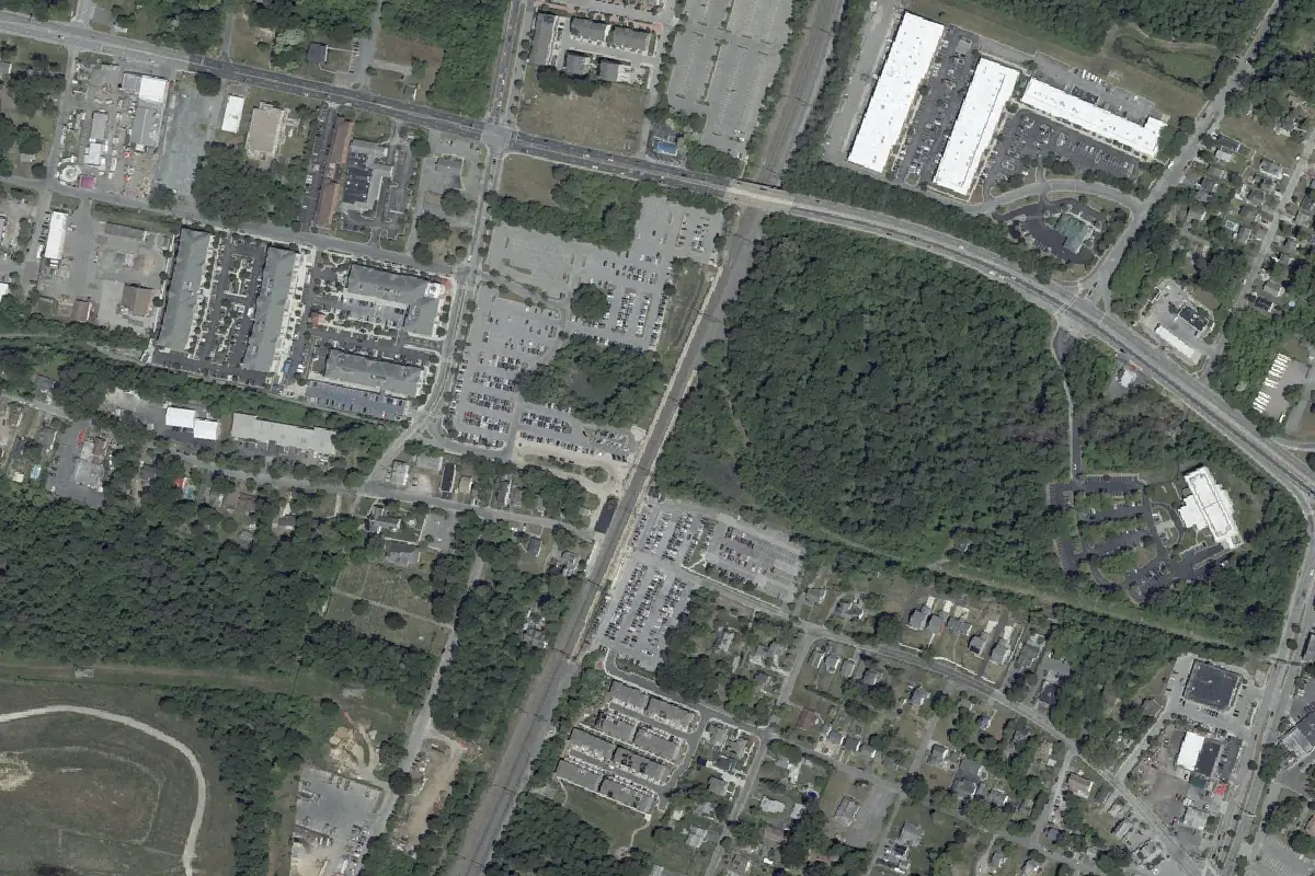 Aerial photograph of the rail corridor and streets around Odenton station, Maryland