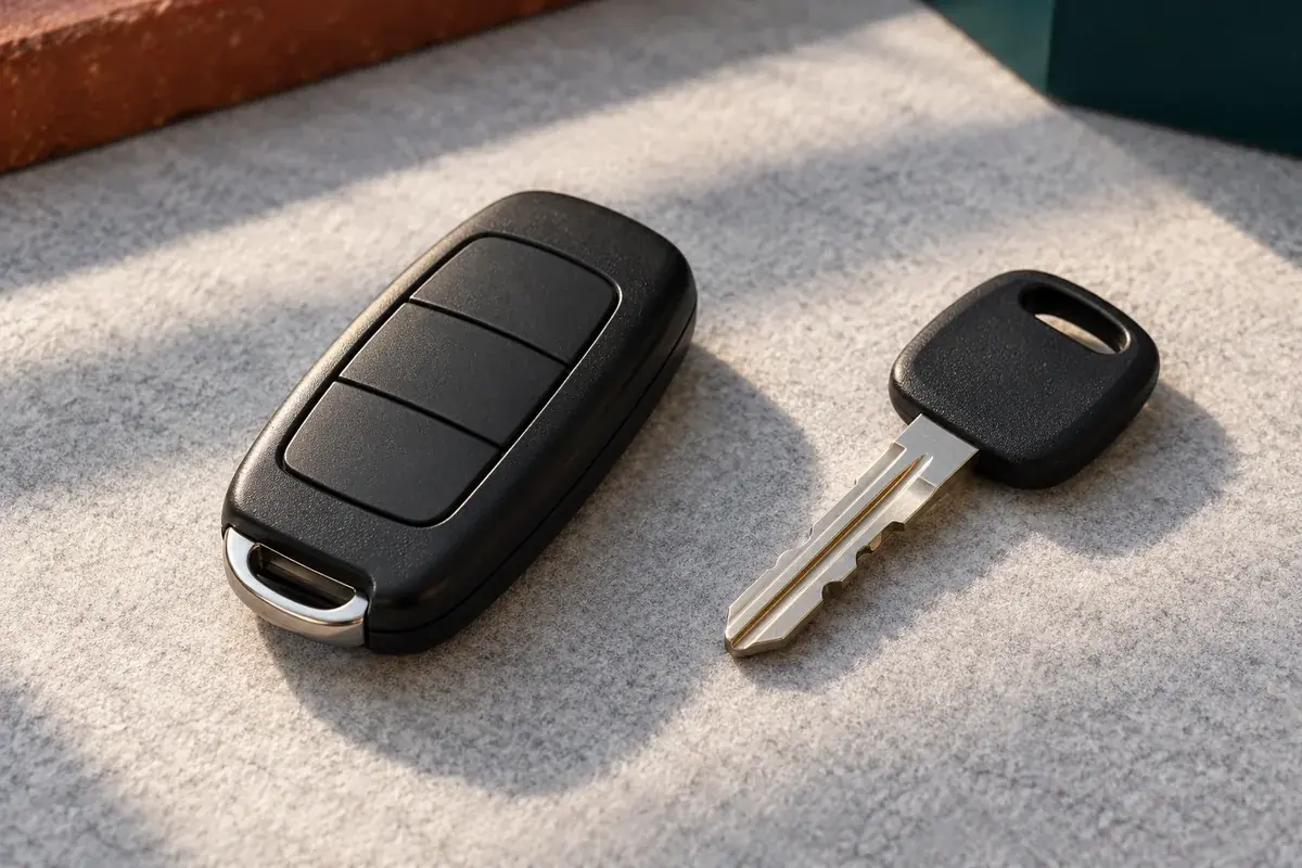 Black car key fob and a separate metal key on a felt surface.