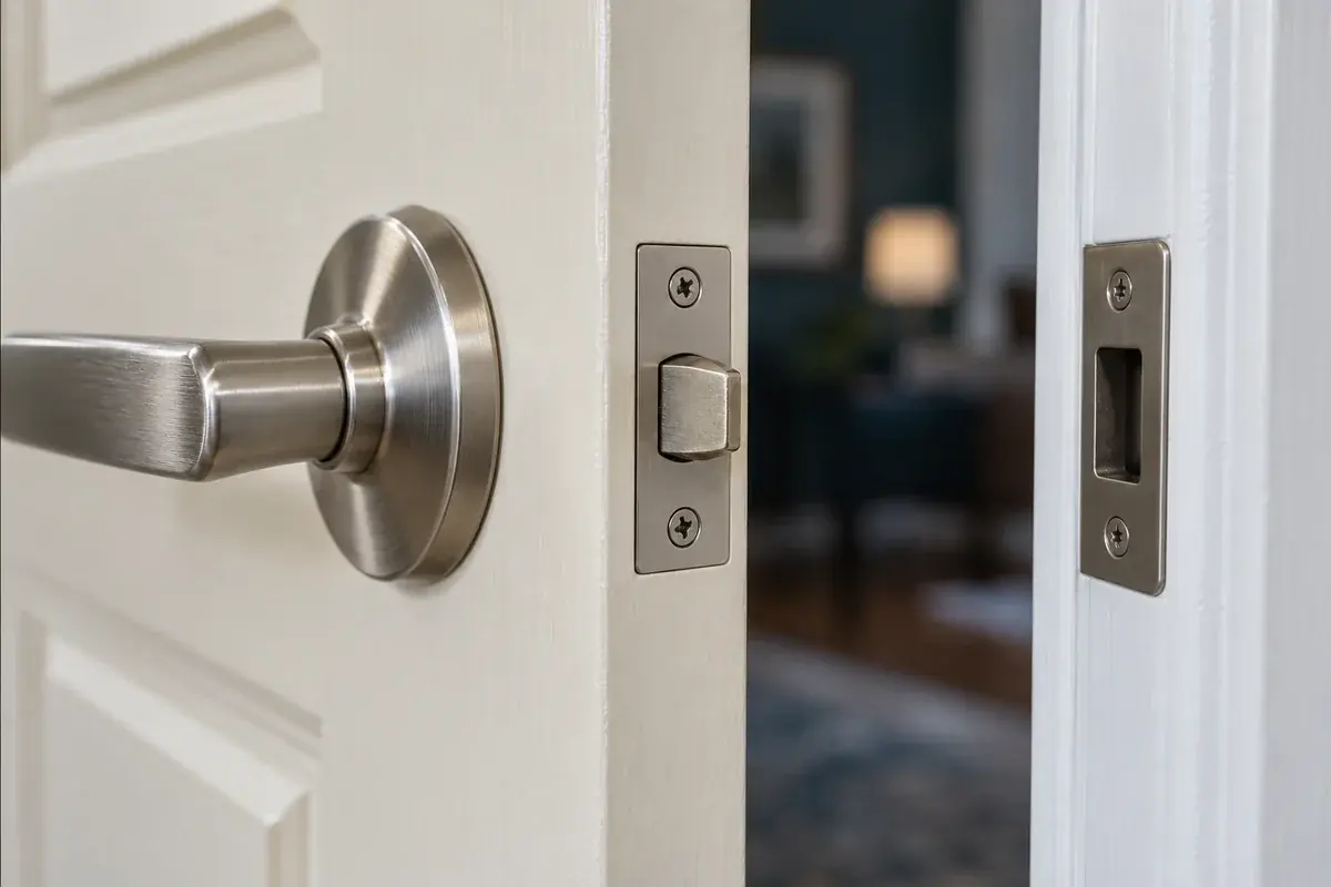 Door latch, lever handle and matching frame strike plate.